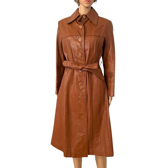 VTG The Tannery Women’s Size 11/12 Tan Brown Genuine Leather Lined Trench Coat - Picture 1 of 17